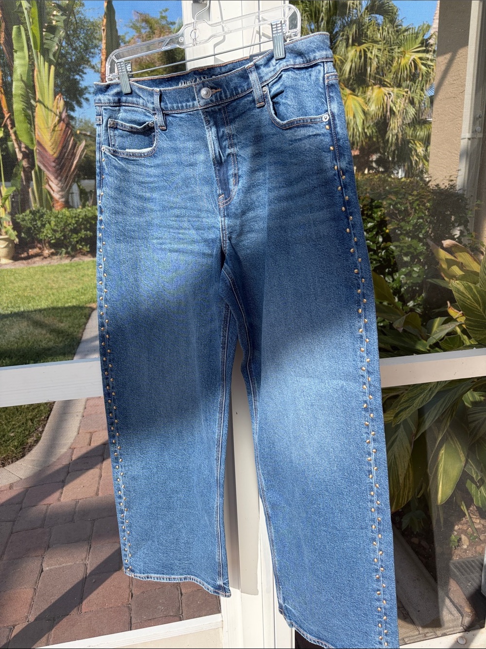 American Eagle High Rise Stovepipe Studded  Jeans Womens 12 R Blue 31 W NEW
